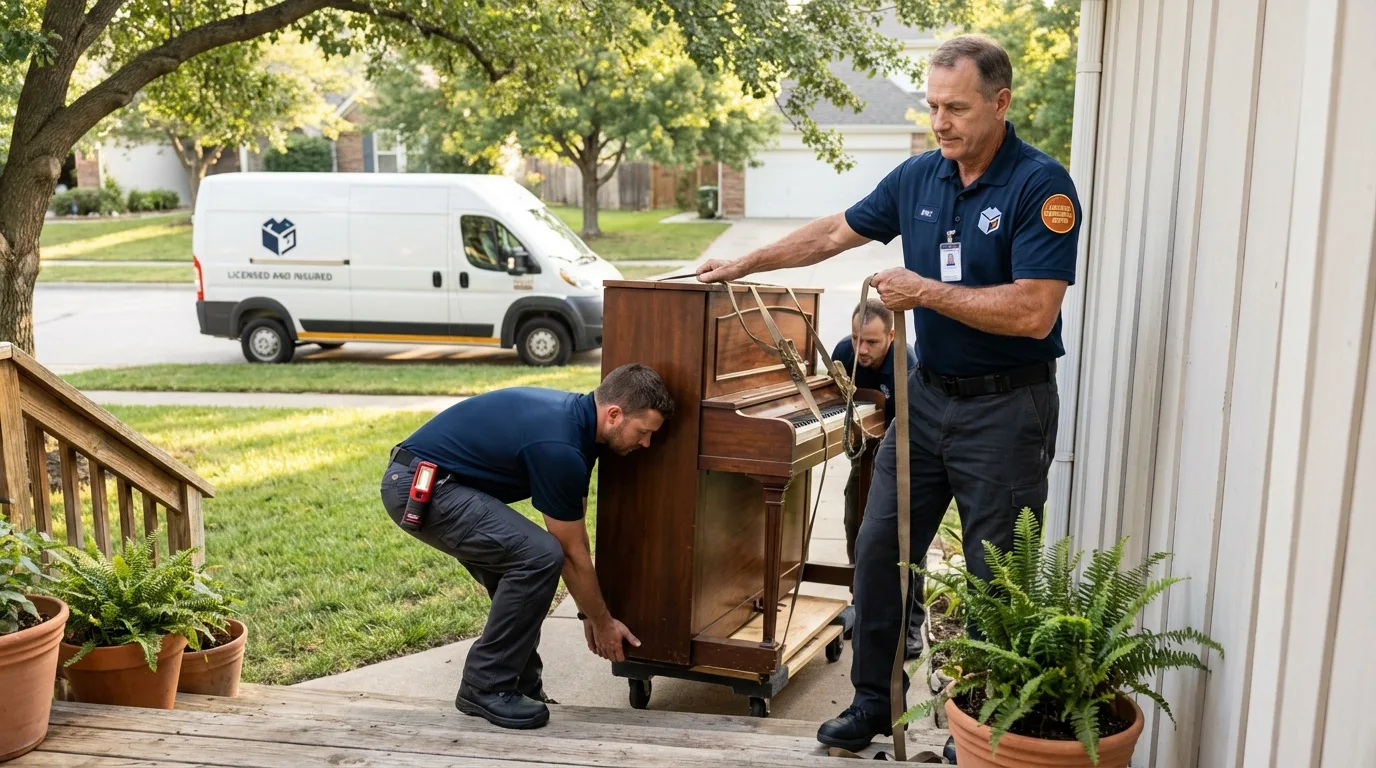 Licensed piano movers securing grand piano in Alum Creek, WV
