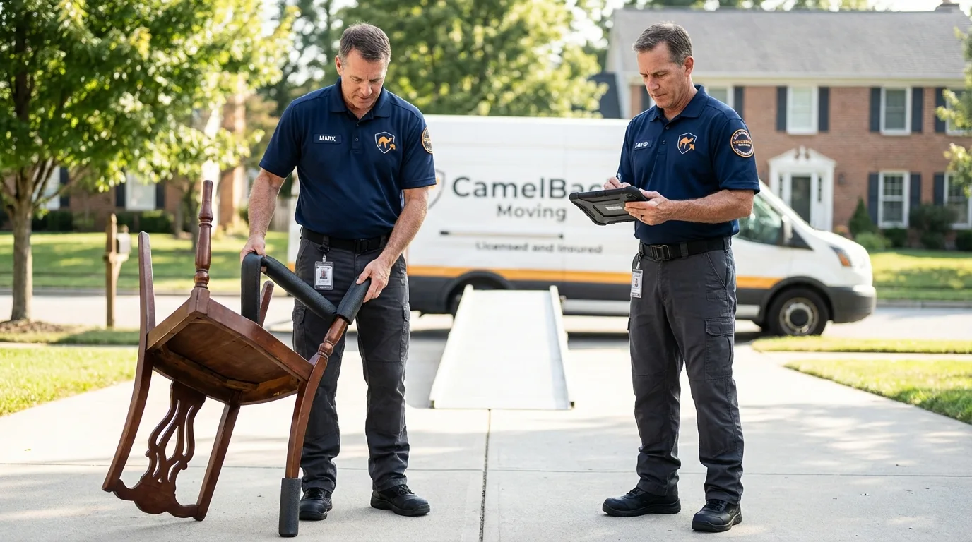 Movers inspecting furniture for damage prevention before loading in Alum Creek, WV