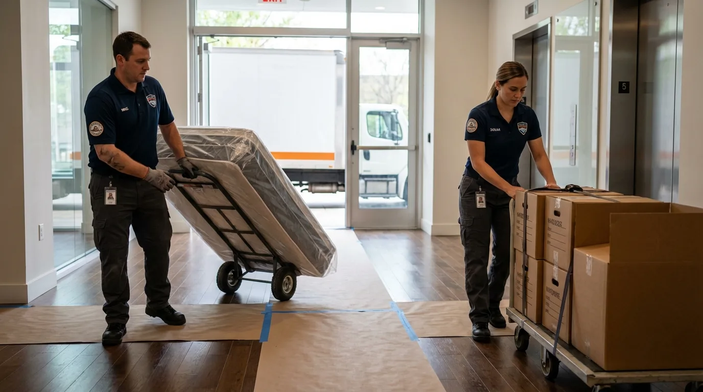 Professional apartment movers loading elevator in Alum Creek, WV