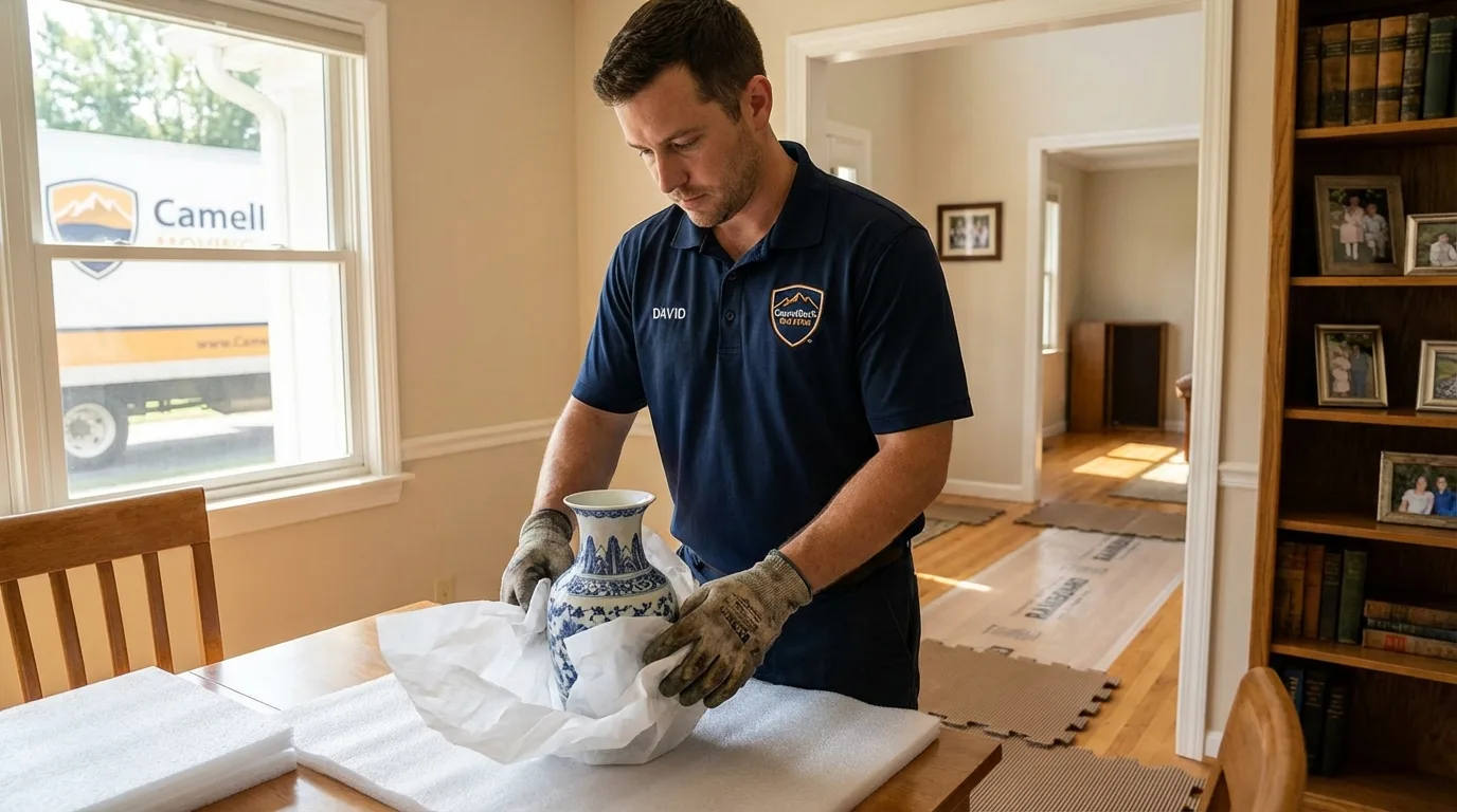 Professional crew carefully wrapping antique vase for senior downsizing move in Alum Creek, WV